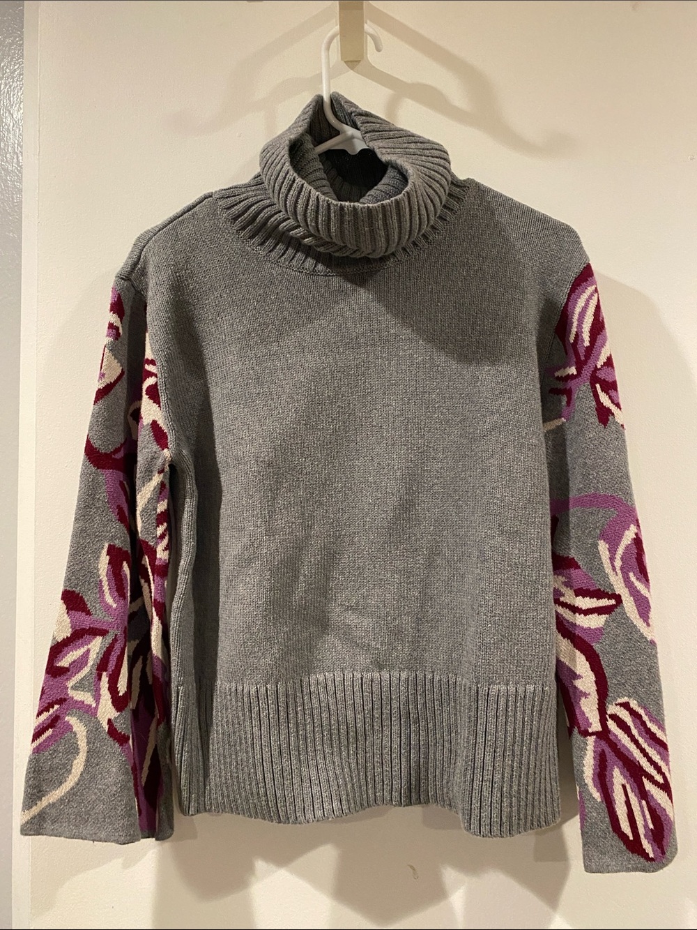 CAbi Gray Turtleneck Sweater with Pink & Purple Floral Sleeves